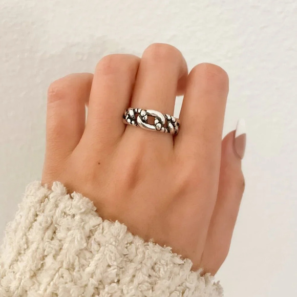 925 Sterling Silver Chunky Ring Curb Chain Ring Thick Wide Ring Band Bold Ring - Picture 2 of 6